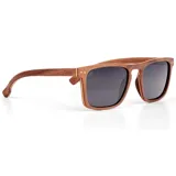 Lentes de sol con montura cuadrada de madera color marrón y lentes grises.