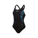Malla enteriza de natación Speedo, color negro con estampado abstracto curvo en azul.