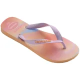 Ojotas Havaianas modelo Top Fashion, con estampa degradada en tonos pastel (naranja, rosado, celeste y lila) y tiras de goma color lila.