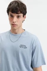 Remera celeste de manga corta con cuello redondo y estampado en la espalda con imágenes de arquitectura y texto.