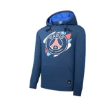 Buzo hoodie azul marino con interior de capucha celeste y estampado del escudo del París Saint-Germain en el pecho.