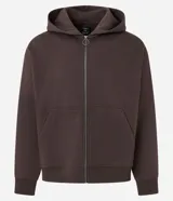 Saco con cierre frontal, capucha con cordón ajustable y bolsillos canguro. Diseño liso de corte holgado (boxy).