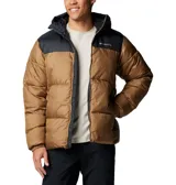 Campera puffer Columbia Puffect II Hooded para hombre, color marrón con capucha y parte superior en negro. Cuenta con aislamiento Thermarator™, tejido deperlante al agua, protector de mentón, bolsillos laterales con cremallera y puños elásticos.
