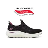 Championes deportivos Skechers Arch Fit 2.0 Sheer Shimmer, color negro con detalles en rosa y suela blanca. Diseño vegano con parte superior de tejido elástico con estampado espacial y plantilla Arch Fit extraíble.
