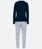 Pijama largo de dos piezas: blusa de manga larga con cuello en V y pantalón con estampado de cuadros grid.