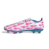 Championes de fútbol Adidas Predator League, color blanco con detalles en rosa y azul.