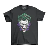 Remera negra con estampado del rostro del Joker con pelo verde y la leyenda 'HAHA' en color violeta.