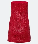 Vestido corto sin breteles, color rojo, cubierto de lentejuelas brillantes.