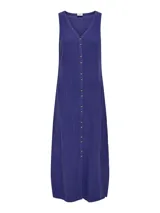 Vestido largo azul de lino y viscosa, sin mangas, con cuello en V y abotonadura frontal.