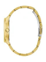 Reloj Guess dorado con pulsera de acero y esfera dorada con diseño triangular.