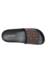 Ojotas Calvin Klein con capellada marrón con estampado de monograma CK en color beige.
