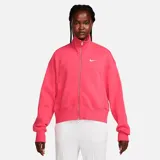 Campera deportiva Nike Phoenix Fleece, color rosado, con cierre frontal, cuello alto, bolsillos laterales y logo bordado en blanco.