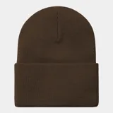 Gorro de lana negro con logo de Carhartt bordado en etiqueta blanca.
