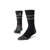 Medias de algodón negro con franjas grises y azul, diseño crew y tecnología Freshtek.