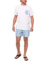 Short de baño celeste con estampado de ballenas en azul y gris. Tiene cintura elástica con cordón ajustable y bolsillos laterales.