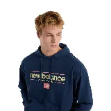 Buzo azul marino con capucha y cordones ajustables. Estampado frontal con el logo de New Balance en color amarillo y rosa.