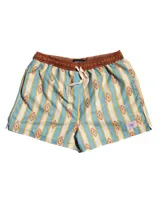 Short de baño de microfibra con estampado de rayas verticales en tonos celeste y beige, con motivos geométricos en color ocre. Tiene cintura elastizada marrón con cordón ajustable, dos bolsillos laterales y uno trasero.