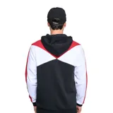 Campera deportiva Umbro con capucha, cierre frontal y diseño color block en negro, blanco y rojo.