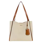 Bolso tote Guess modelo Nicolette, color beige con detalles en marrón. Confeccionado en mezcla de algodón con estructura semi rígida, doble asa superior, cierre con broche magnético y logo Guess metálico en el frente.