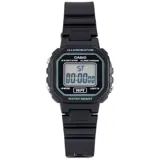 Reloj digital Casio negro con correa de resina, pantalla LCD, cronómetro, alarma y resistencia al agua.