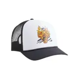 Gorra trucker con visera curva y paneles traseros de malla negra. Panel frontal blanco con estampado de cabeza de felino en llamas y rayas diagonales. Cierre ajustable a presión.
