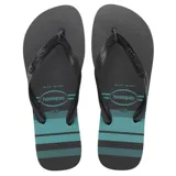 Ojotas Havaianas Top Basic negras con rayas horizontales azules y logo de la marca en la plantilla.