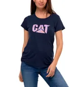Remera de algodón azul marino con cuello redondo y logo de CAT estampado en el pecho en color lila y naranja.