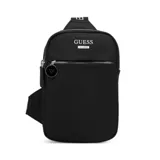 Bandolera negra de Guess con correa ajustable y logo estampado en el frente. Incluye un bolsillo frontal con cierre y un dije triangular con el logo de la marca.