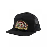 Gorro negro de Santa Cruz con parche frontal con diseño de calaveras cenando y logo de la marca.