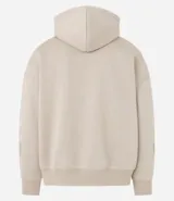Saco beige de algodón y poliéster con capucha, bolsillo canguro, manga larga ajustada con estampa de llamas lateral, bajo ajustado y estampa lettering localizada.