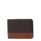 Billetera de cuero Freeway modelo Doha con diseño bicolor en tonos marrón oscuro y tostado. Posee compartimentos internos para tarjetas y billetes, con el logo de la marca grabado en la parte frontal inferior.