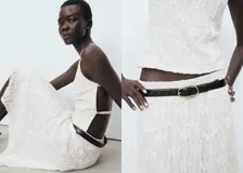 Falda midi de encaje blanco con diseño recto y bajo asimétrico con terminaciones en pico. Posee forro interior y cintura elástica.