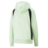 Buzo hoodie Puma Classics Block, color verde claro con bloques negros en los hombros y mangas. Tiene capucha con cordones ajustables, bolsillo tipo canguro y logo de Puma bordado en el pecho.