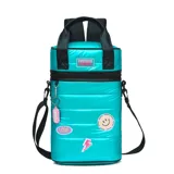 Mochila matera puffer color turquesa, con correa y llavero desmontable, tiras con tela mesh, apta para termos 1,5L.