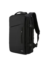 Mochila de viaje negra, de diseño ejecutivo y estructura semi rígida. Posee correas de compresión laterales con hebillas, manija superior reforzada y tiras acolchonadas regulables. Presenta un bolsillo frontal con cierre impermeable y un logo pequeño de la marca "terrano" en la parte inferior.