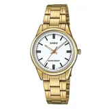 Reloj Casio de pulsera para mujer, modelo LTPV005G-7AUDF, con caja y correa de acero inoxidable color dorado, esfera blanca con agujas doradas y marcadores negros.