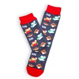 Par de medias grises con puño rojo y diseño de personajes y elementos de los videojuegos de Mario Bros.