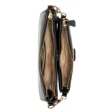 Cartera de hombro Guess modelo Noelle, color negro con logo Quattro y herrajes metálicos dorados en la parte frontal.