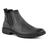 Bota Chelsea de cuero marrón con elástico lateral y suela de goma.