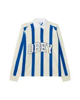 Camiseta de manga larga con cuello polo y rayas verticales azules sobre fondo crema. Estampado con el logo "OBEY" en el pecho.