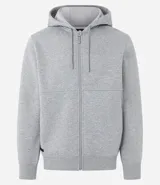 Saco deportivo gris de algodón y poliéster, con capucha ajustable con cordón, cierre frontal con cremallera, mangas largas con puños ajustados y bolsillos laterales.