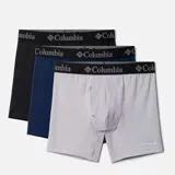 Pack de tres bóxers ajustados de Columbia, con pretina elástica negra que lleva el logo de la marca repetido. Los colores incluidos son negro, gris claro y azul marino.
