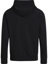 Buzo negro con capucha y cordones ajustables, bolsillo tipo canguro y logo de la marca en el pecho.