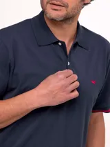 Remera tipo polo color verde agua, de corte clásico, con cuello abotonado y mangas cortas con ribete azul.