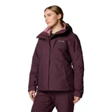Campera Columbia Whirlibird V Interchange para mujer, color borgoña con interior rosa. Sistema Interchange 3 en 1 con capa exterior impermeable Omni-Tech™ y capa interior aislante Thermator™ de poliéster reciclado. Capucha ajustable, ventilación en las axilas, faldón para nieve, múltiples bolsillos y puños ajustables.