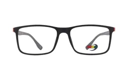 Armazón para lentes de receta MDQ modelo T42, color negro con detalles en rojo.