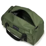 Bolso tipo duffel Jansport Weekender Medium, color verde oliva, con asas de mano y correa de hombro ajustable en color negro. Presenta un bolsillo frontal con cierre y el logo de la marca bordado.