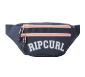 Riñonera azul con dos compartimentos con cierre y diseño de la marca Rip Curl al frente.