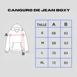 Canguro de jean azul con capucha, corte boxy y cordón ajustable en la cintura.
