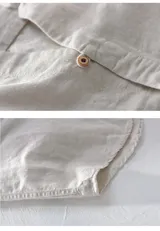 Camisa de lino y algodón beige con cuello en V y botones delanteros, de manga larga y corte ajustado.